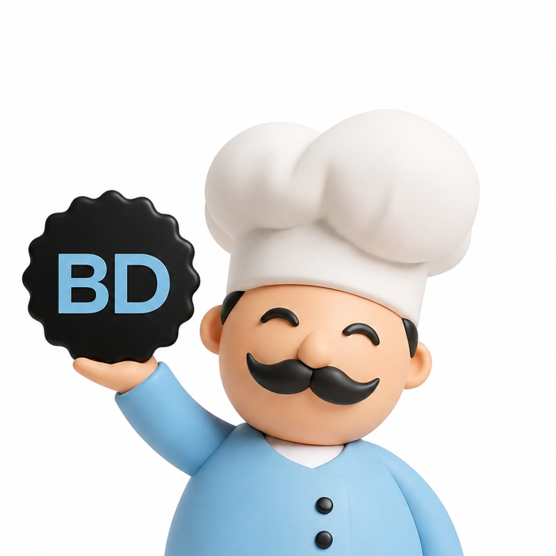 Chef Mascot holding BD Badge